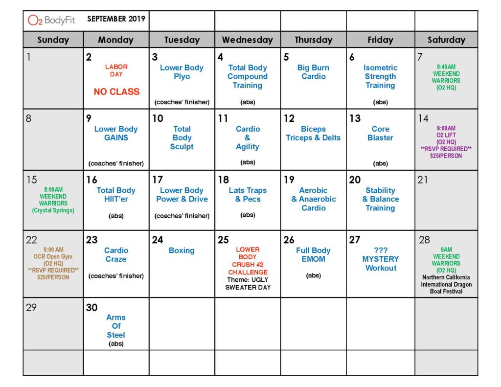 Monthly Boot Camp Calendar O2 BodyFit